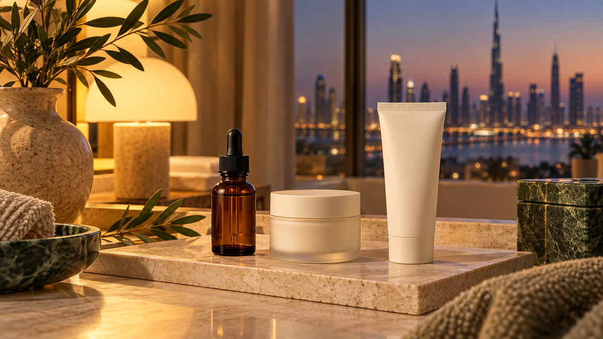 Unbranded retinol bottle, moisturiser and sunscreen on a vanity at dusk in Dubai