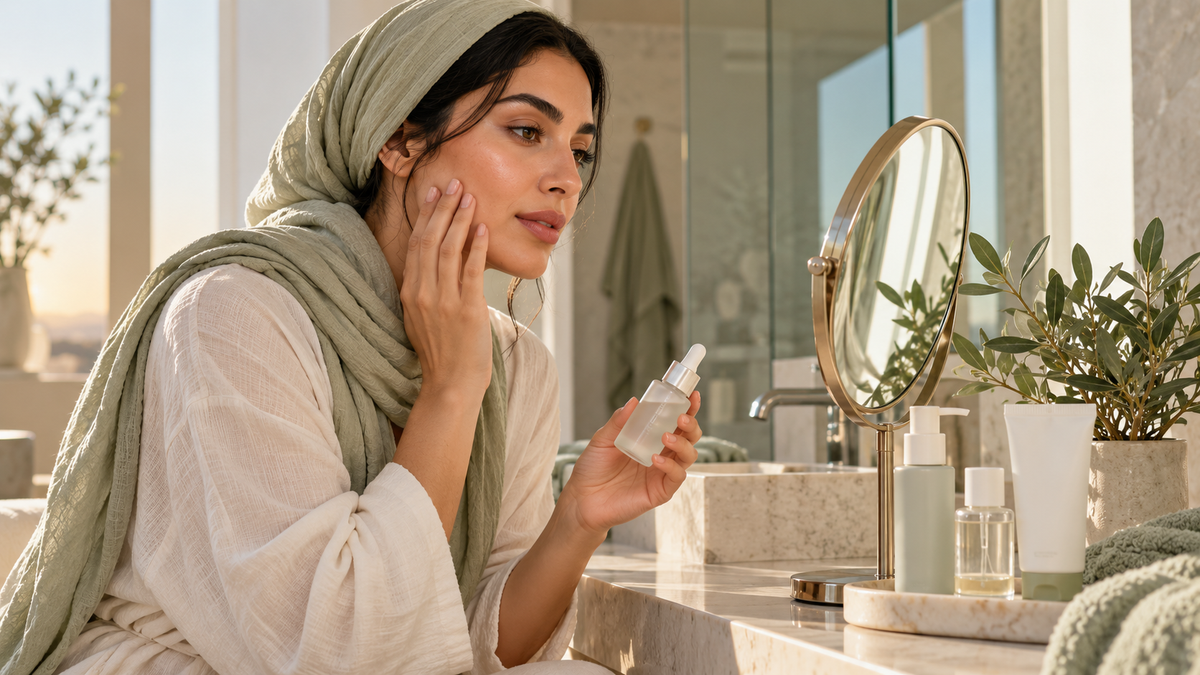 Woman examining her skin beside unbranded pore-care products in a sunlit UAE bathroom
