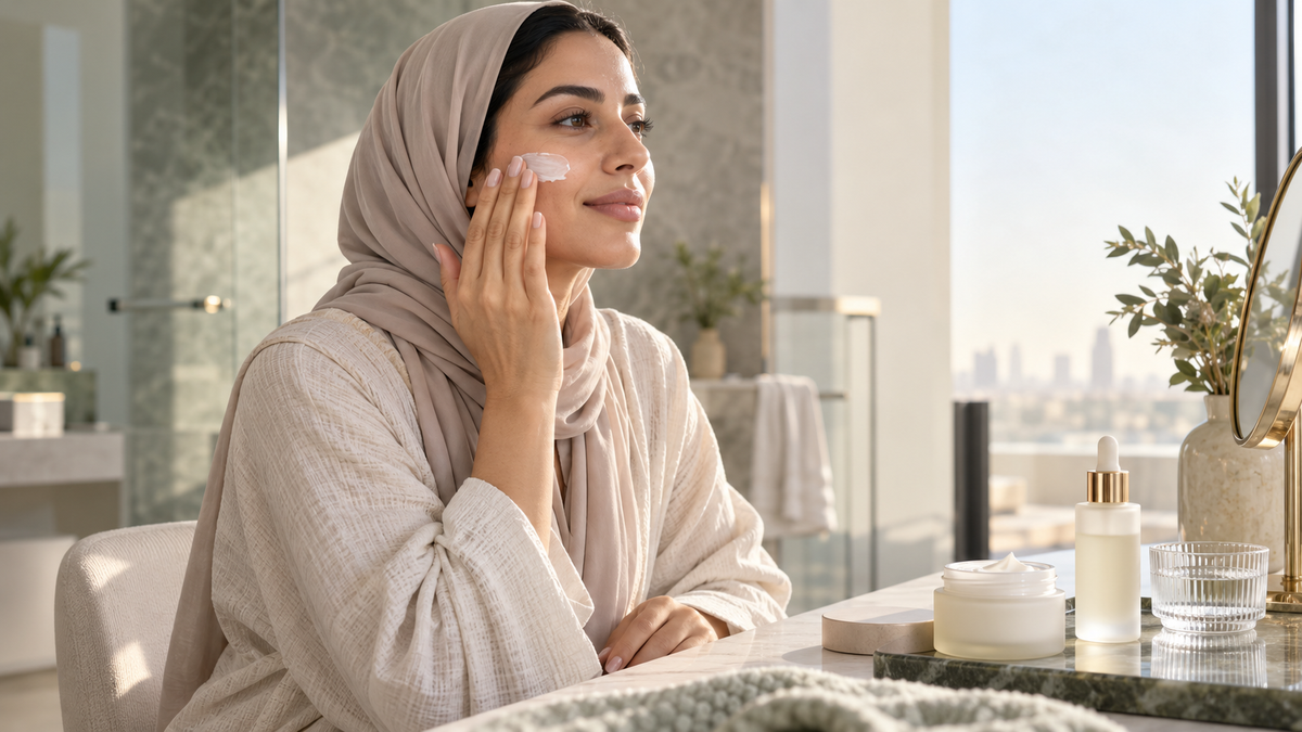 Woman applying moisturiser beside unbranded skincare in a sunlit UAE home