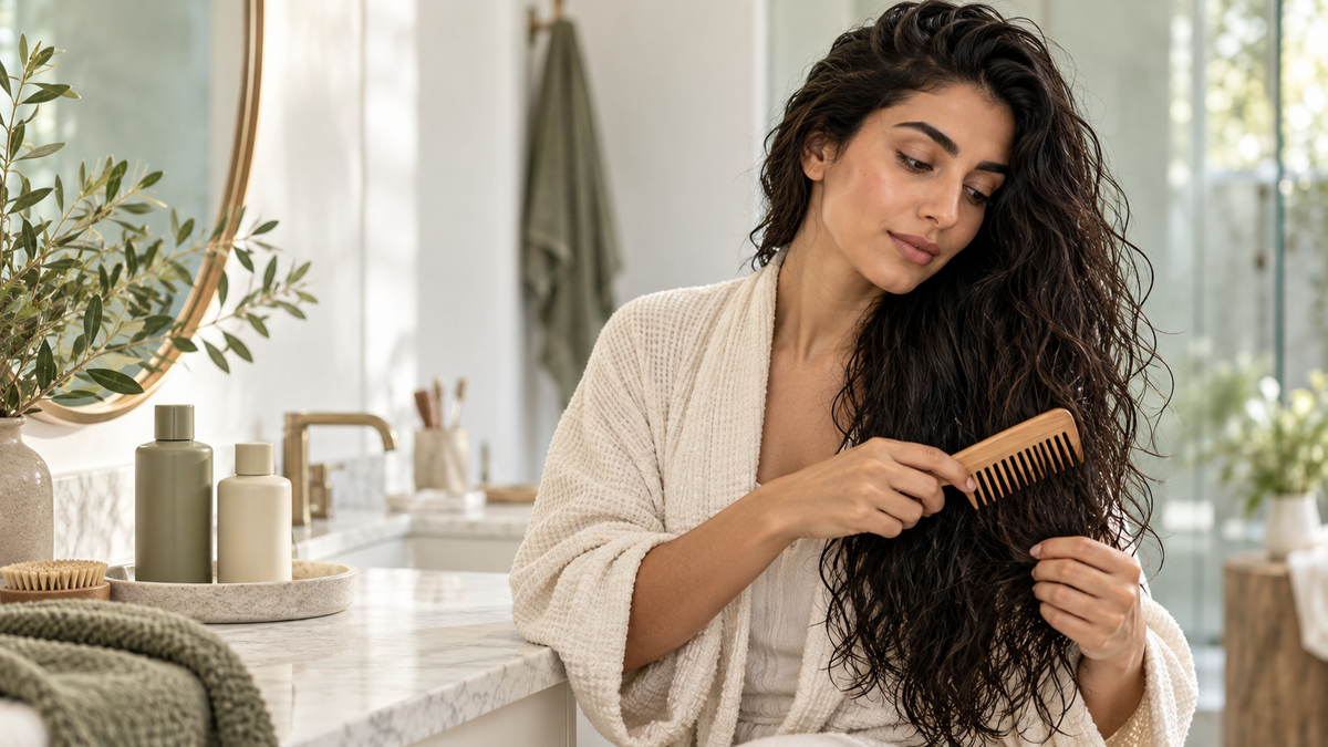 Woman gently detangling long dark hair with a wide-tooth comb