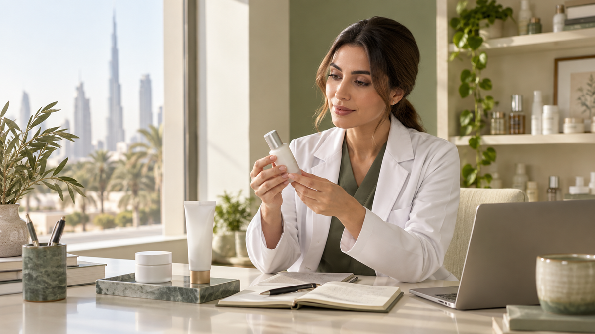 Beauty professional reviewing an unbranded skincare product at a sunlit desk
