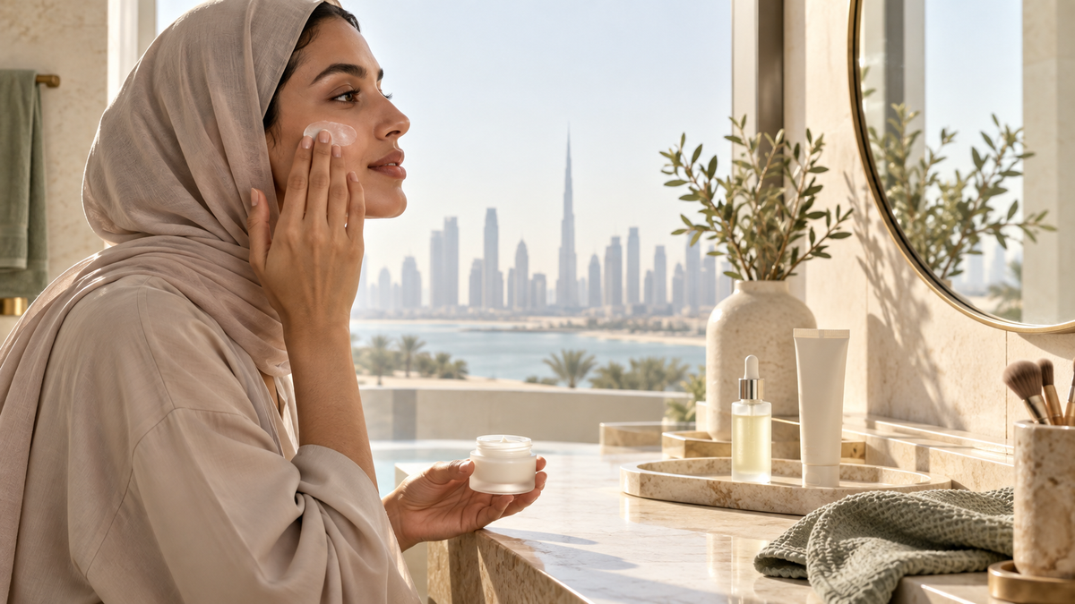 Woman applying moisturiser at a bright vanity with simple skincare essentials