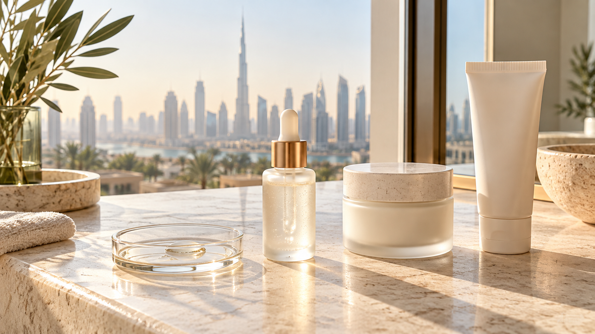 Unbranded niacinamide serum, moisturiser and sunscreen on a sunlit Dubai vanity