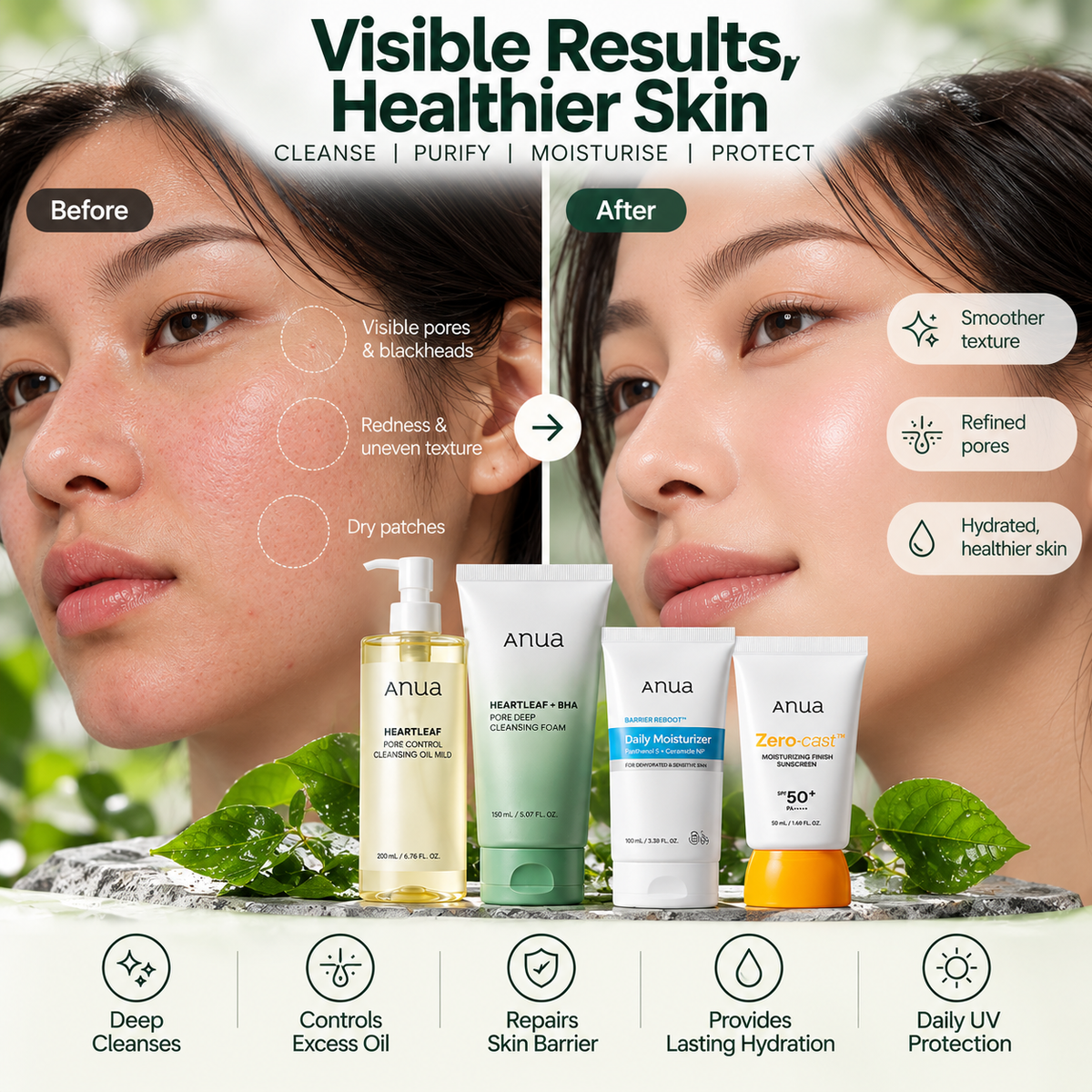 Illustrative before and after skin comparison; AI-generated visualization, not actual customer results